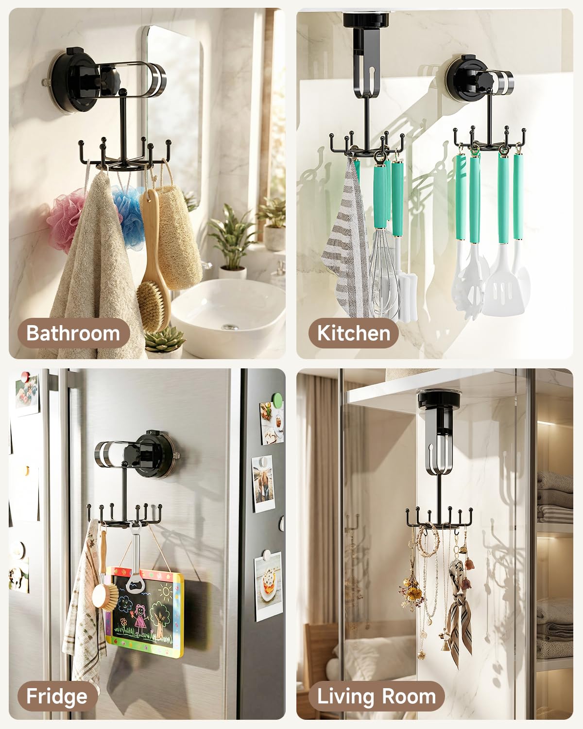 BANGMANG 2 Pack Vacuum Suction Cup Kitchen Utensil Hook with 6 Hooks, [Up to 11 lbs ] Under Cabinet Kitchen Hooks with 360° Rotating, Utensils Hanging Rack for Kitchen, Bedroom, Bathroom, Glass