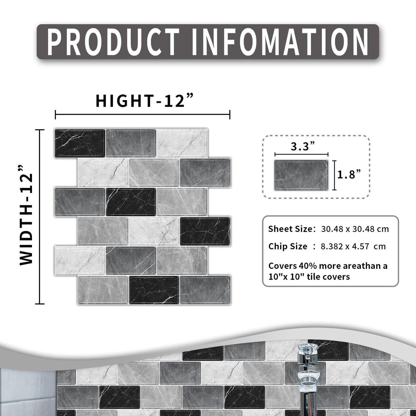 BSABSAQAA 10 Sheets Peel and Stick Backsplash for Kitchen 12"X12" Renter Friendly Backsplash Back Splash Adhesive Subway Wall Tile Flat Vinyl Sticker for Bathroom Grey Marble (Not 3D Tile)