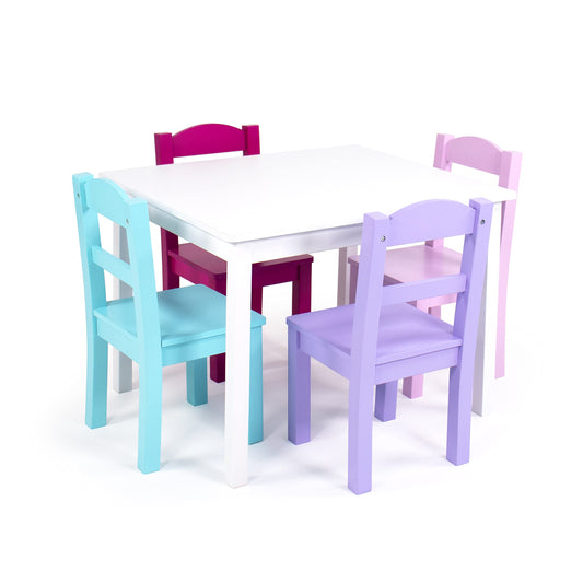 Humble Crew Kids Table and Chair Set, Toddler Activity Table with 4 Chairs for Play, Crafts, Snacks & Learning, Wooden Kids Furniture for Playroom & Bedroom, White/Pink/Purple/Aqua
