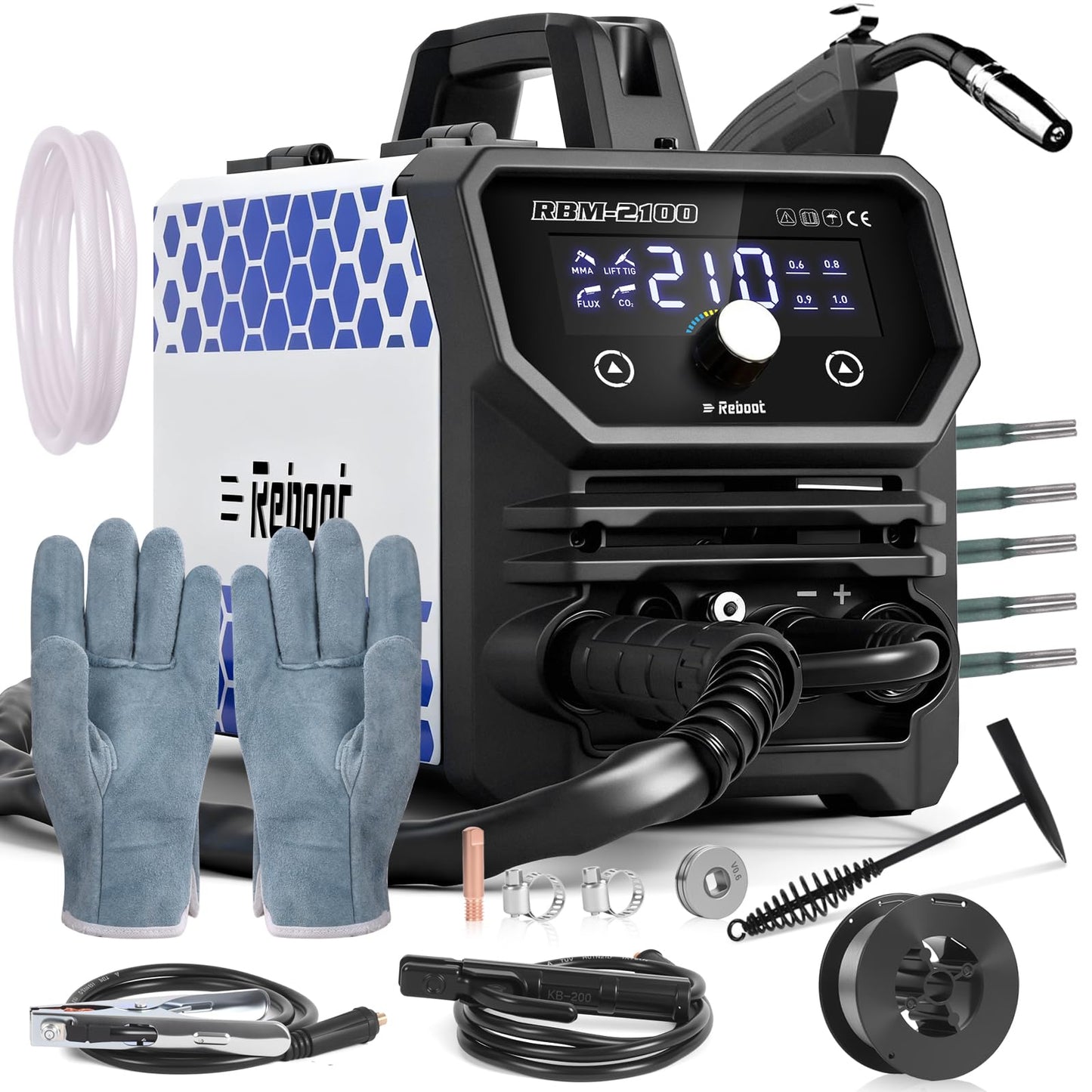 Reboot 210A MIG Welder 120V 4 in 1 Welding Machine Gas/Gasless Flux Core/Lift TIG/Stick Large Digital Led Display with IGBT Inverter RBM2100