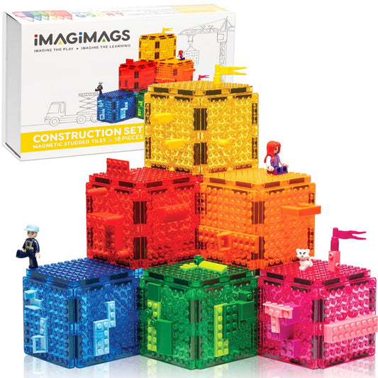 Imagimags Studded Magnetic Tiles Construction Set – Building Brick Compatible Expansion Pack (18 Pieces) – Connects Magnetic Tiles to Small Building Bricks – Kids 5+