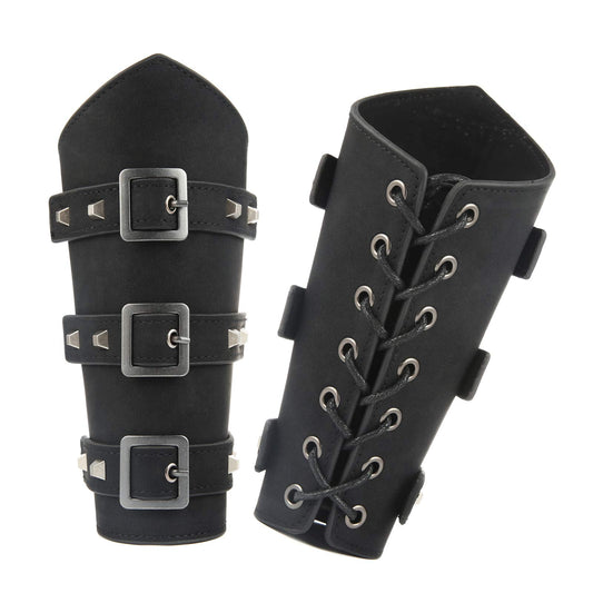 HZMAN Adults Faux Leather Arm Guards - Medieval Belt Buckle Bracers - One Size - Leather Armband Pair (Black)