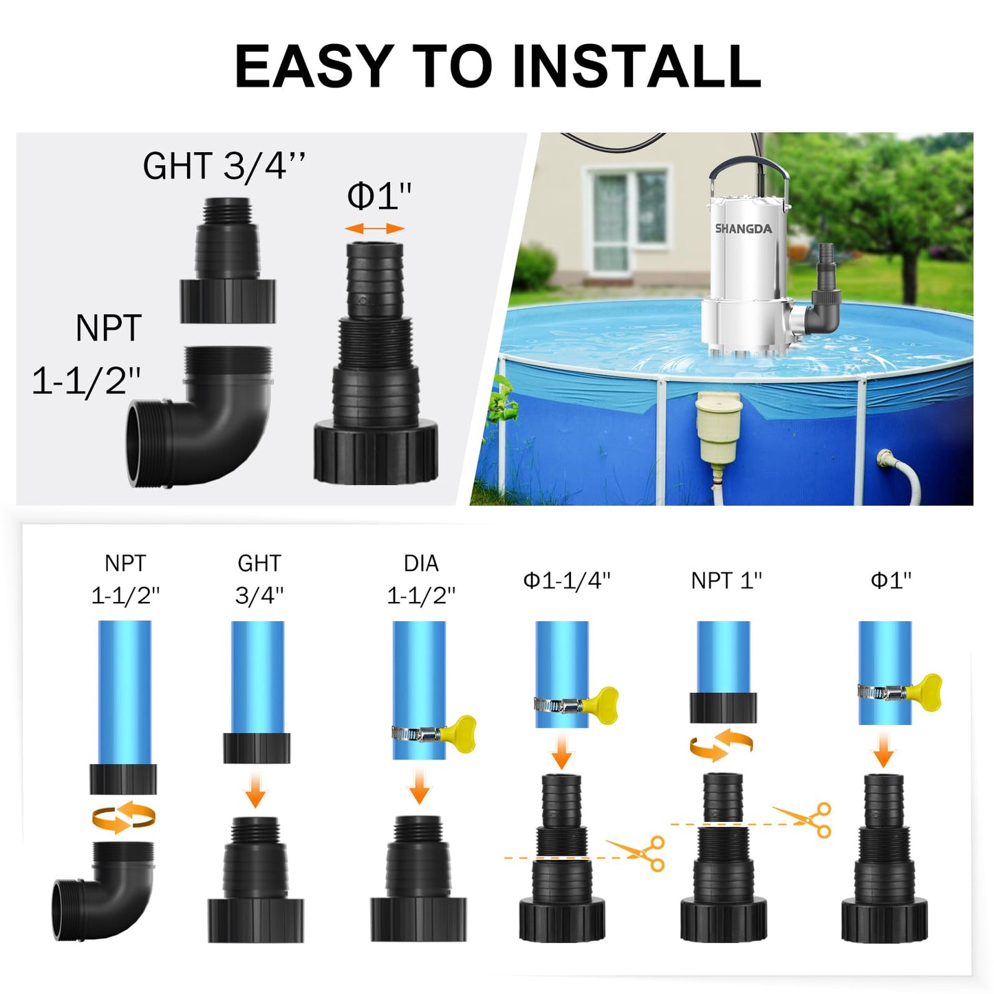 SHANGDA Sump Pump 1HP Submersible Water Pump 4500GPH Stainless Steel Electric Clean/Dirty Water Draining Transfer Pumps with Adapters for Pool Hot Tub Pond