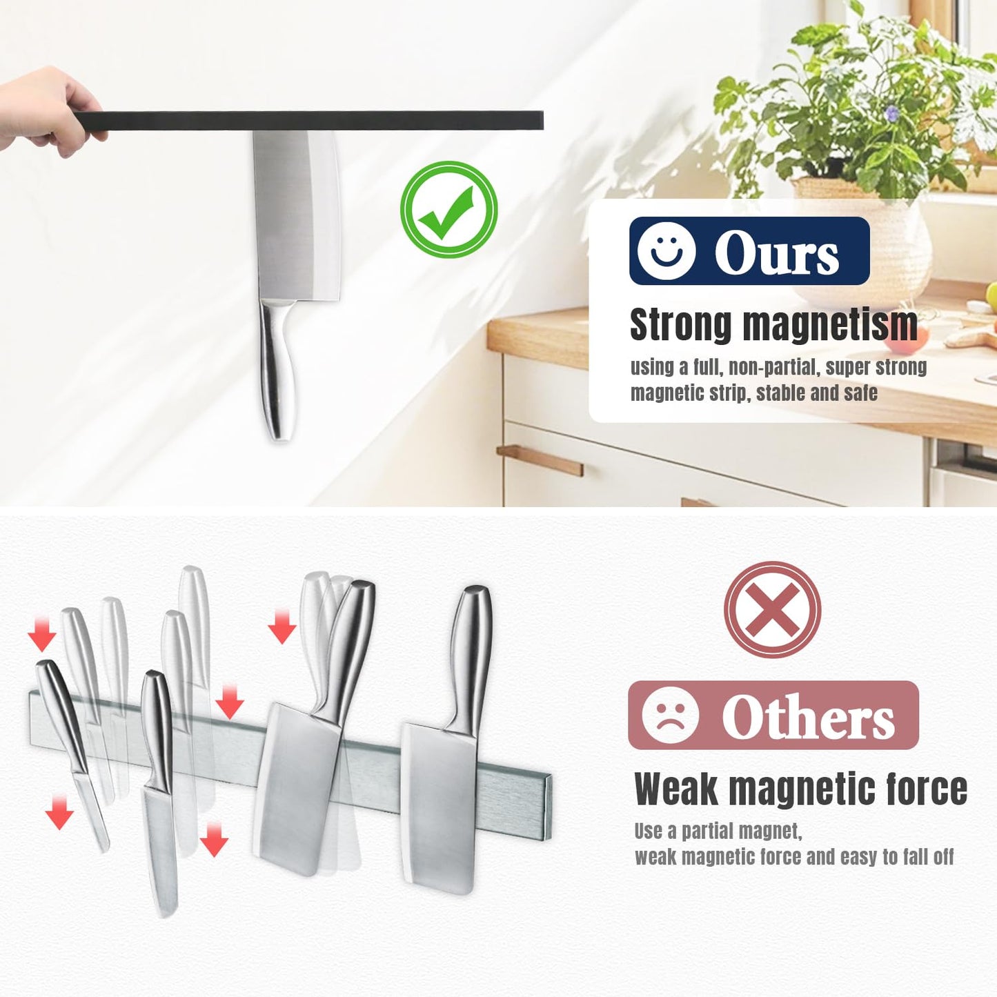 Dmore magnetic knife holder for wall—with 5 hooks, No Drilling 12 Inch black knife magnetic strip, Extra Strong Magnet knife rack, include Adhesive Tape and screws for Knives and Tools