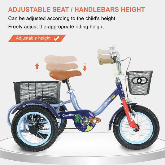 Glyncipher 12 inch Trike, Kids Tricycle, Ages 3+, Beginner Riders, Front & Rear Basket, Passenger Seat, Purple