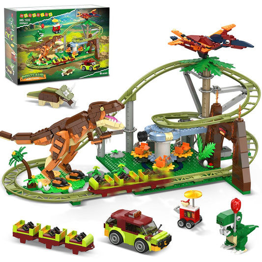 HOGOKIDS Dinosaur Roller Coaster Building Set - 1222 PCS Roller Coaster Building Toy with 4 Dinosaur, Off-Road Vehicle, Food Cart, Dinosaur Models Playset, Gifts for Adults Girls Boys Ages 8-12 Years