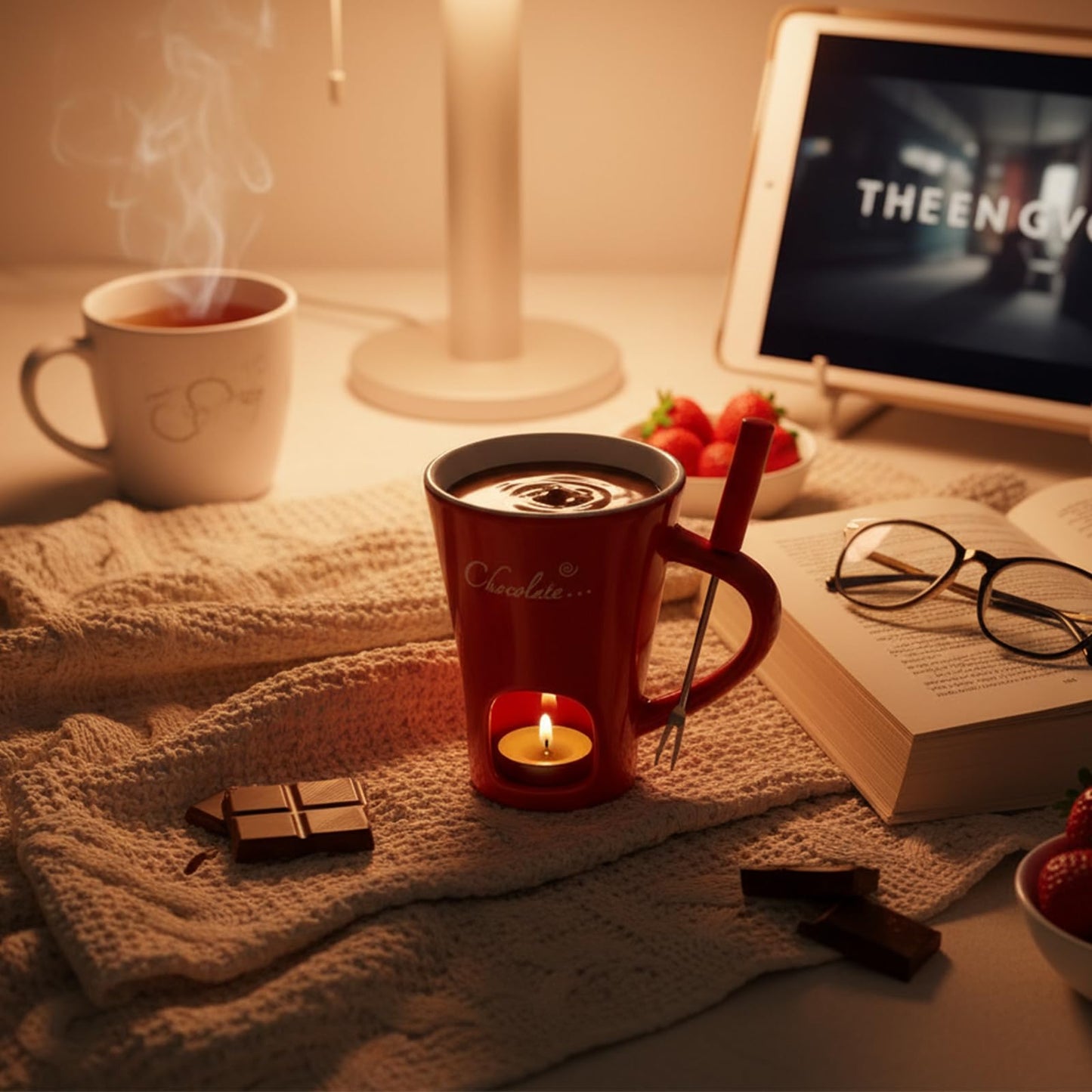 Fondue Mug with Forks Chocolate Melting Cup Ceramic Mini Tealight Pot for Coffee Cheese Candy Warmer Camping Date Movie Night Birthday Wedding Desserts (Red)