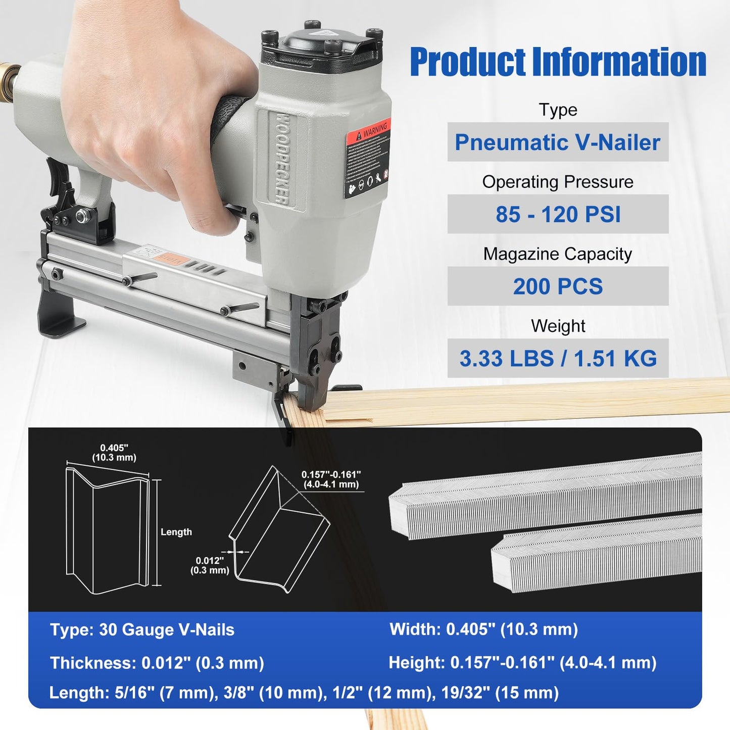 Woodpecker V1015 Pneumatic Picture Frame V Nailer Fits 7 mm to 15 mm (9/32" to 19/32") V Nails, Frame Stapler or Joiner for Picture Framing