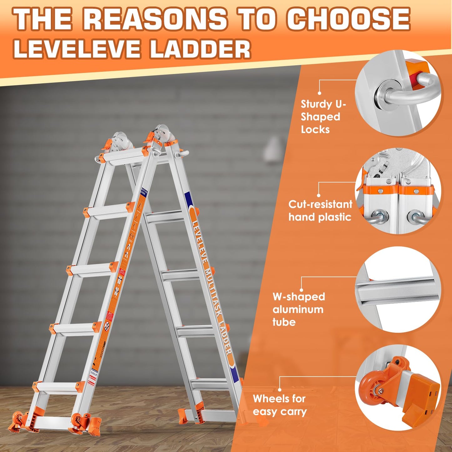 LEVELEVE Telescoping A Frame Ladder, 17FT Multi Position Ladder with Stabilizer Bar & Wheels,330 lbs Security Load for Stairs Home Indoor Outdoor Roof