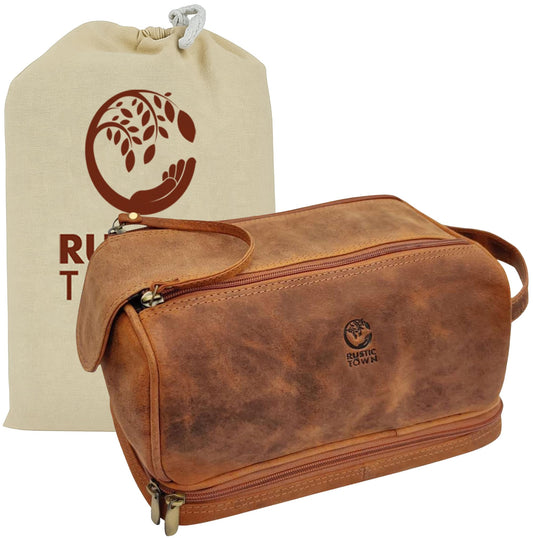 Leather Toiletry Bag for Men - Travel Shaving Dopp Kit - Bathroom Shower Toiletries Organizer - Cosmetic Makeup Bag for Women
