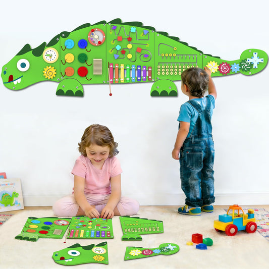 Sinpedex Activity Wall Panels for Kids: Dinosaur Sensory Wall Board for 3+ Years with 10 Activities - Wooden Decor for Toddler Playrooms Bedrooms Daycares
