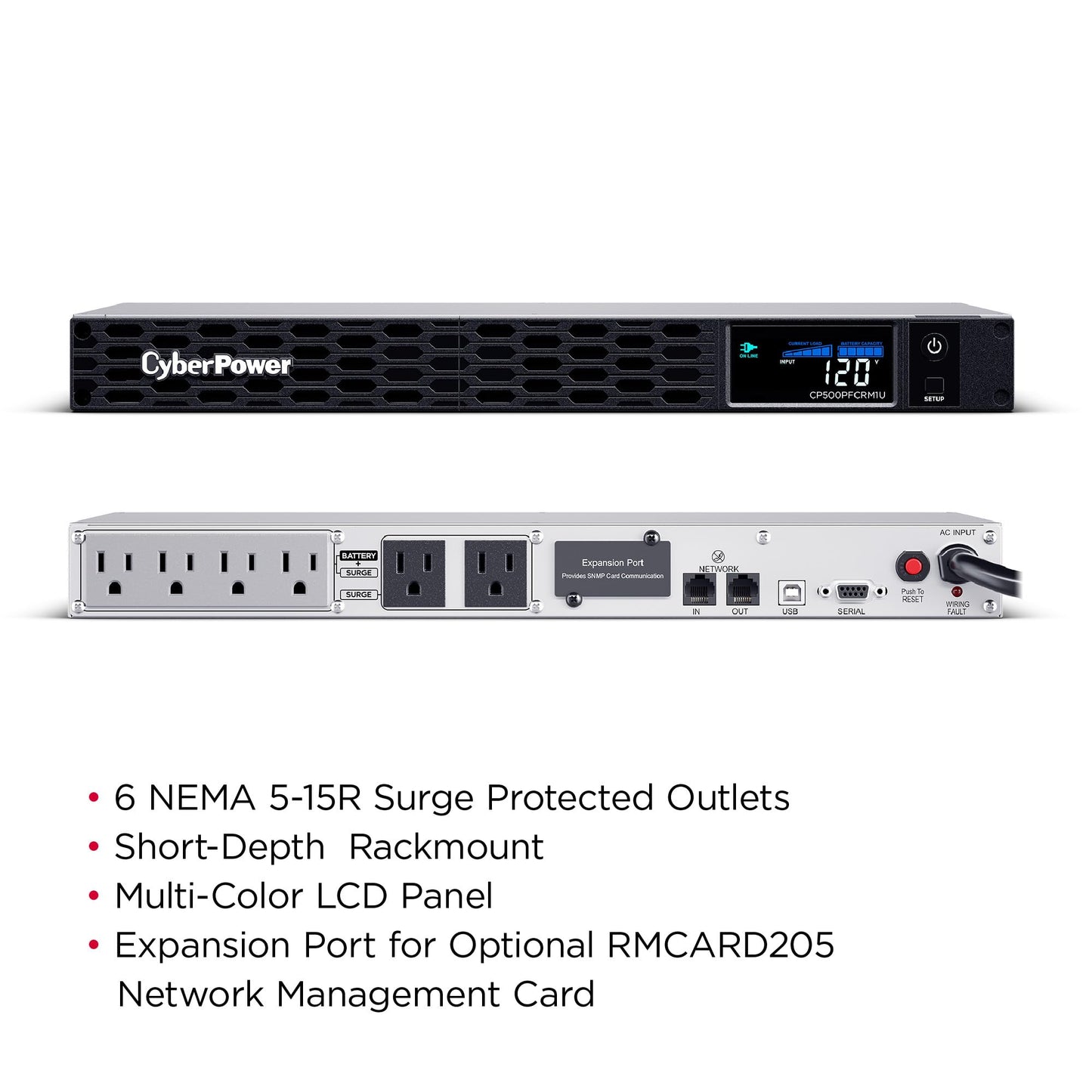 CyberPower CP500PFCRM1U PFC Sinewave UPS Battery Backup and Surge Protector, 500VA/300W, 6 Outlets, AVR, 1U Rackmount, UL Certified