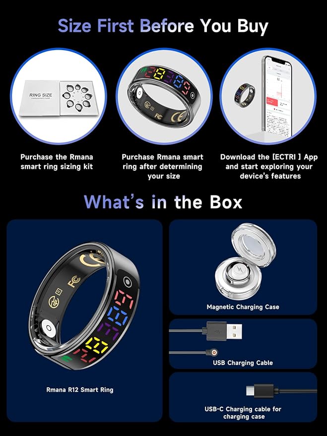 Smart Ring for Women Men, Health Ring with Colorful Display, Fitness Tracker with Heart Rate, Blood Oxygen, Sleep Monitor, No Subscription Fee, 5ATM Waterproof for iPhone & Android (Silver, 9)