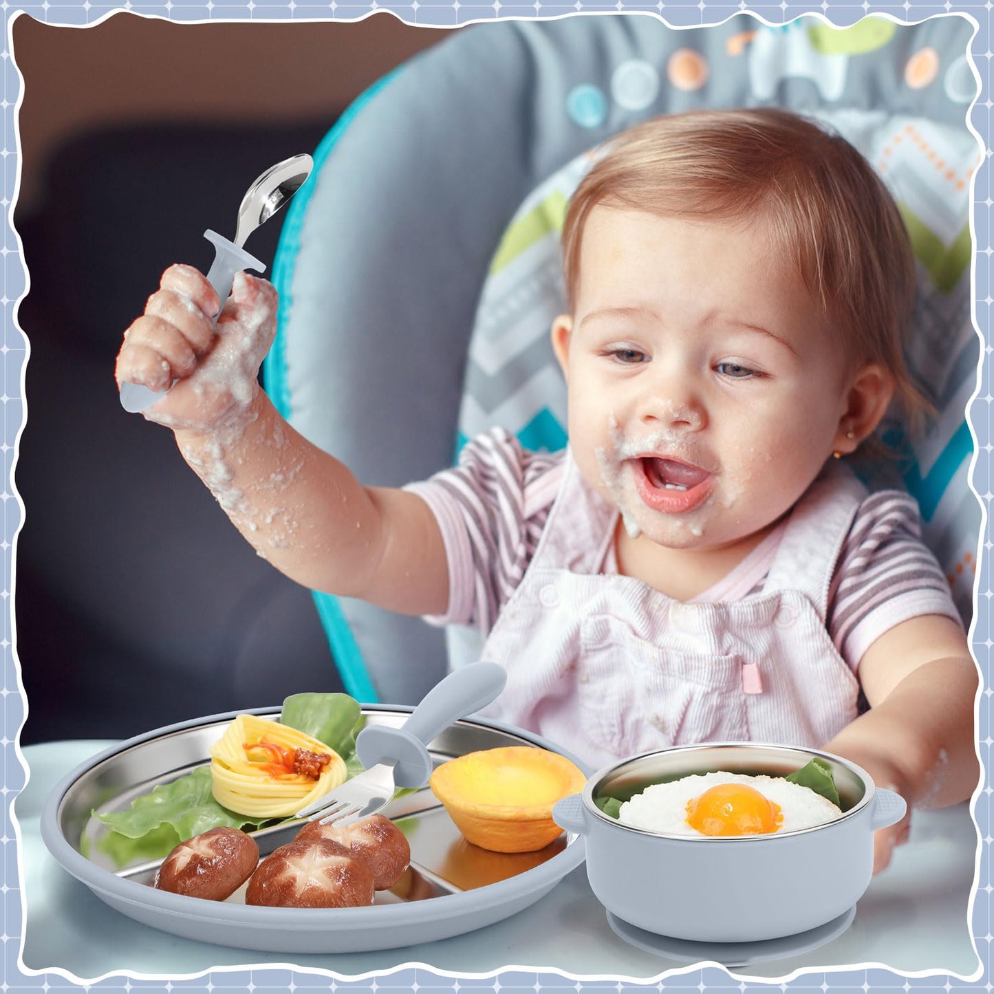 Nuogo 8 Pcs Stainless Steel Kids Plates and Bowls Set with Suction Stainless Steel Baby Plate, Toddler Bowls, Forks, Spoons with Removable Silicone Suction Silicone Baby Feeding Set, Dishwasher Safe
