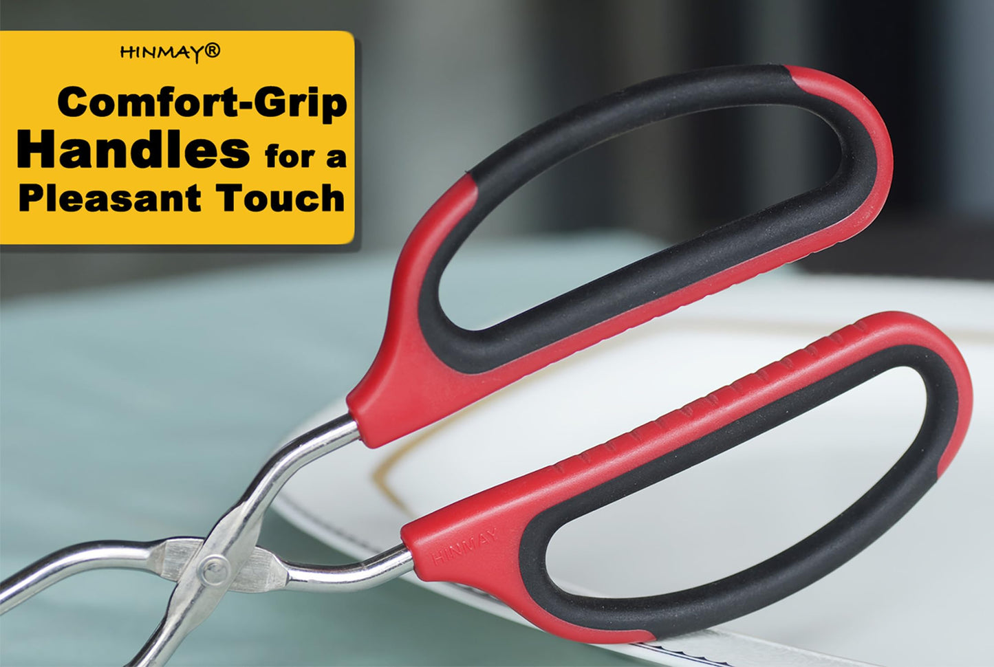 HINMAY 12" 16" Extra Long Stainless Steel Kitchen Tongs Set, Non-Slip Comfortable Red Grip, Scissor Design, Heat Resistant for Cooking Grilling and Serving
