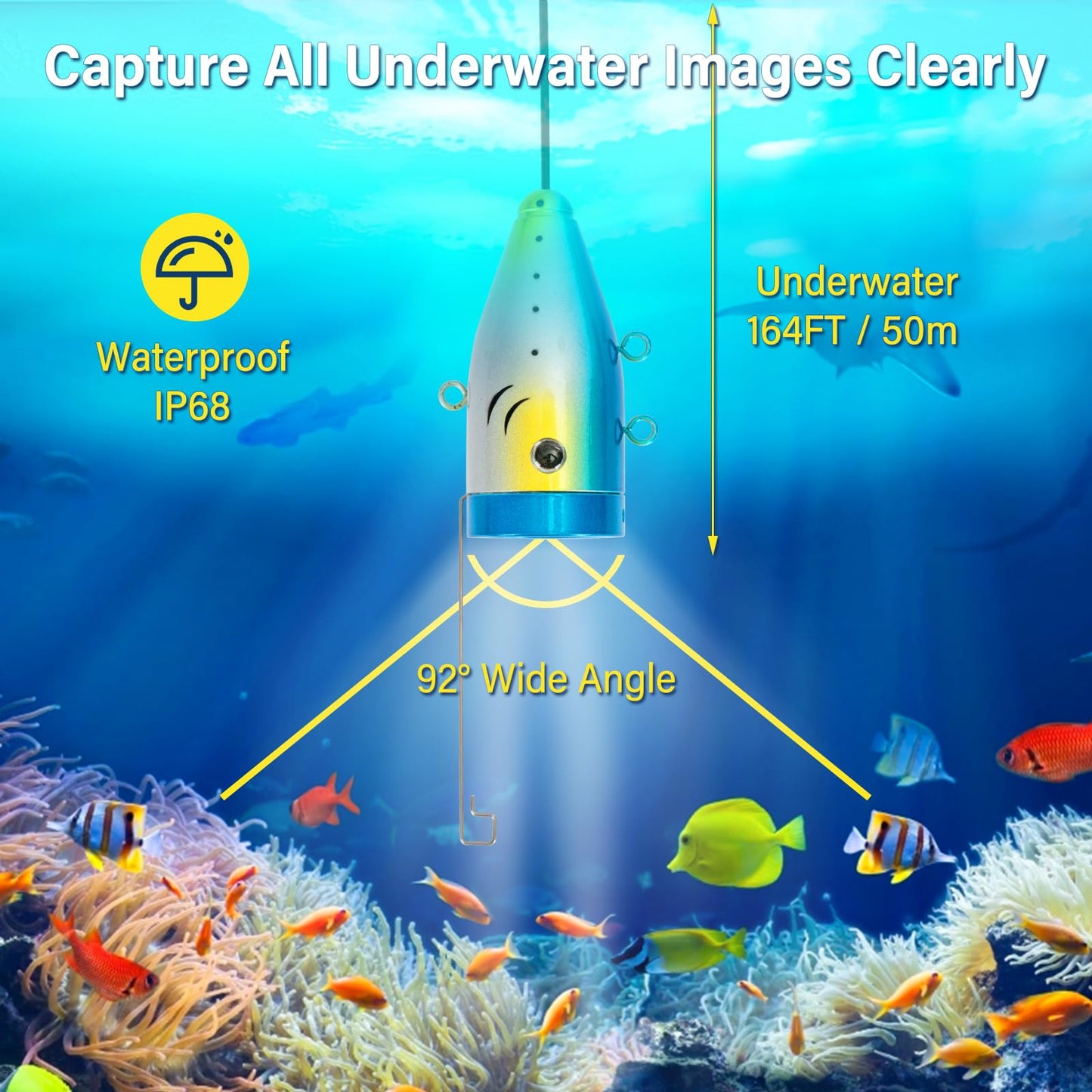 HD Underwater Fishing Camera 164FT,JQKJCAM Waterproof IP68 Fish Finder with 18 IR+18 White Lights,7‘’ 1080P DVR Monitor,4500mAh Battery,Under Water Cameras for Fishing(50M)