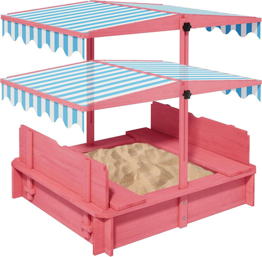 Wooden Kids Sandbox with Height-Adjustable UV-Resistant Canopy - 43x43 Inch Outdoor Play Sand Box with Lid, 2 Foldable Bench Seats & Bottom Liner, Ideal for Backyard, Garden, Beach