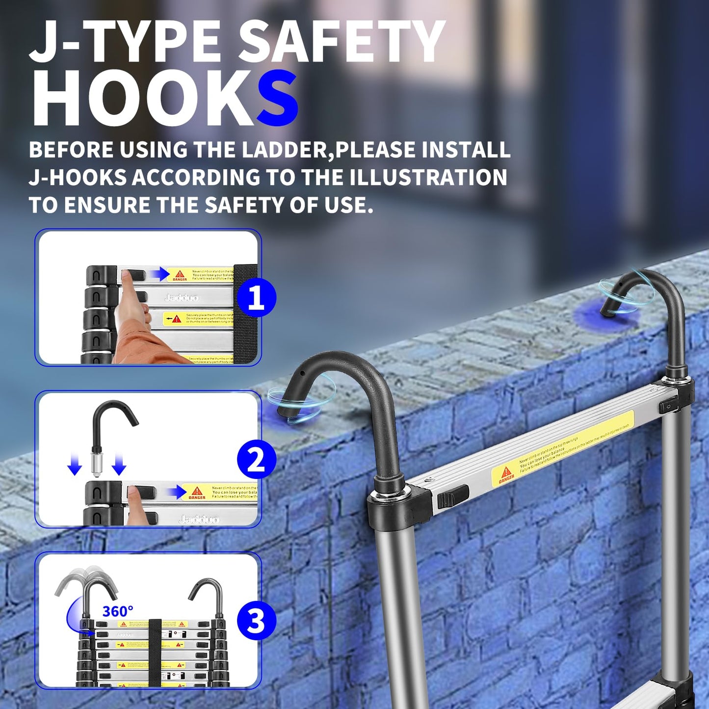 JADDUO Telescoping Ladder 29.5 FT with Hooks, 330LBS Heavy Duty, Silver