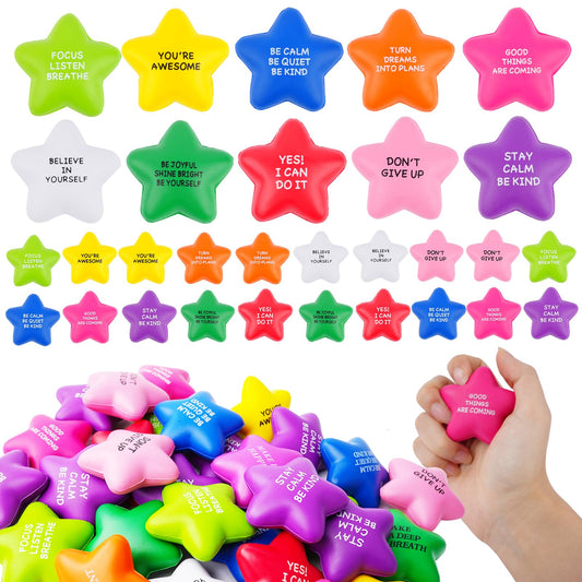 SHQDD 100PCS Bulk Star Stress Balls for Adults & Kids - Motivational Quotes Soft Foam Stress Relief Squeeze Toys, Fidget Anxiety & Anger Relief at Work/School/Home, Perfect Party Favors (Multi-Color)