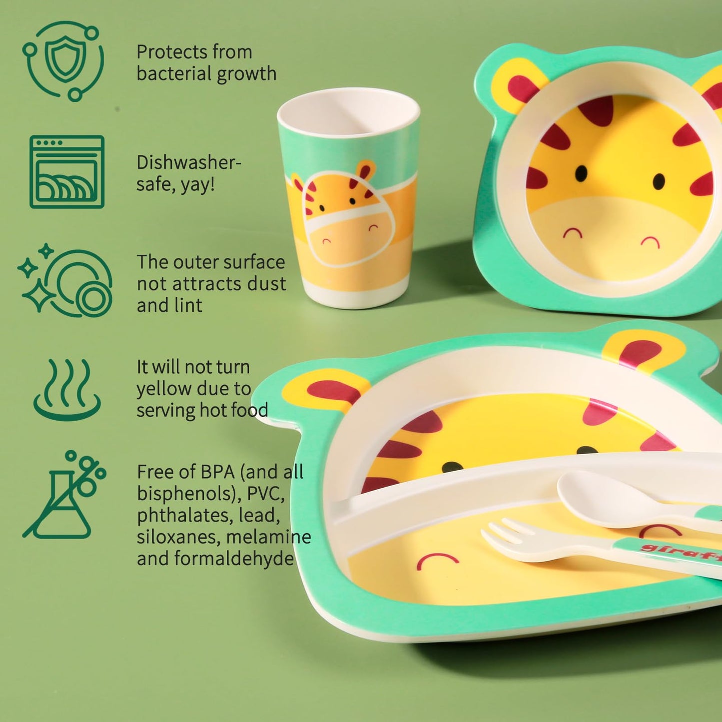 PHEENOWL Kids Dinnerware Set, 5-Pieces Includes Divided Plate Bowl Cup Fork Spoon Utensils, BPA Free Bamboo Fiber Material Perfect for Boy and Girls (Giraffe)