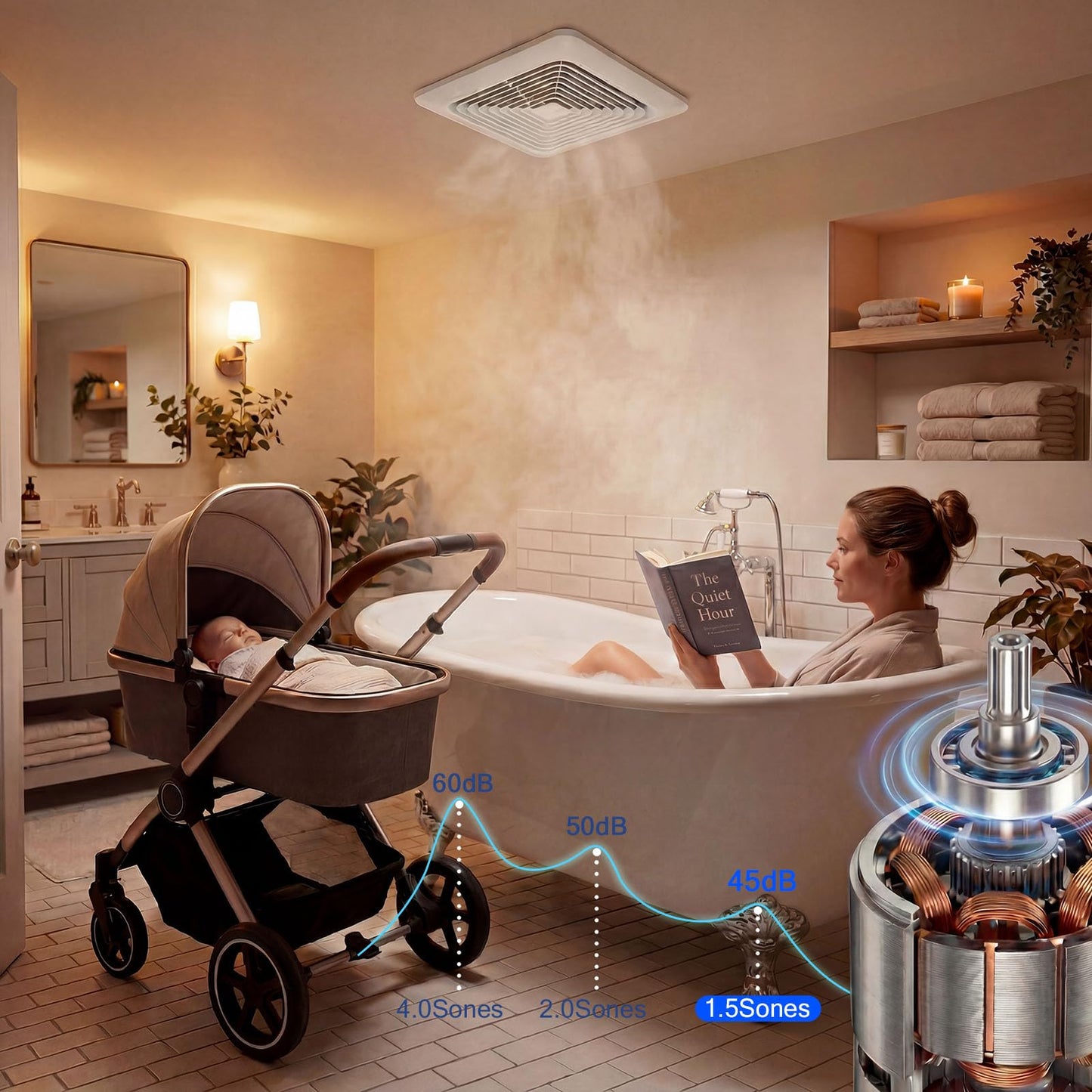 Fitop Bathroom Exhaust Fan 130CFM 1.5 Sones Ultra Quiet Ceiling Mounted – No Attic Access Required, Easy Installation, High Airflow Ventilation Fan for Bedroom, Laundry, Kitchen & Bathroom