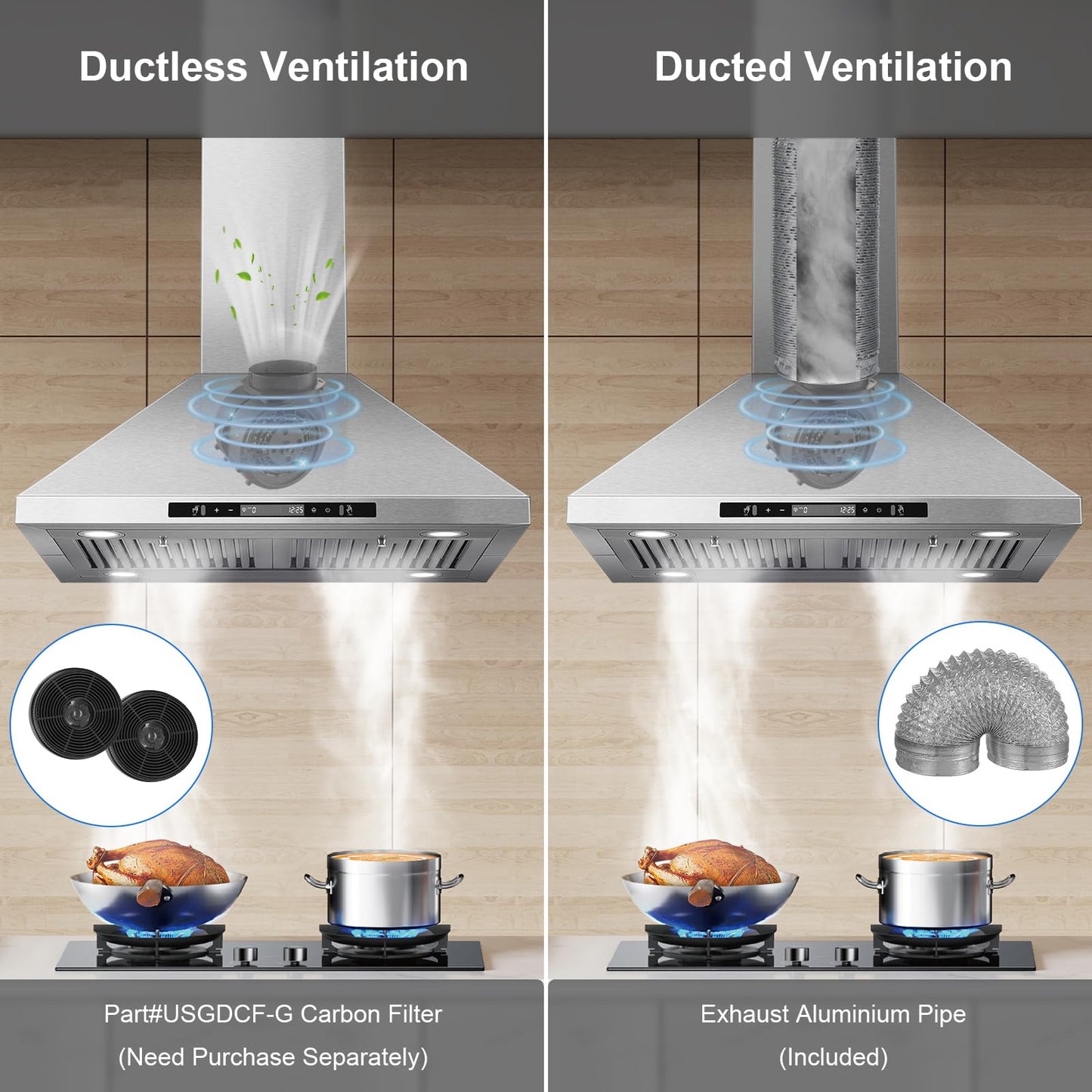 Tieasy 30" Island Range Hood 700 CFM Ceiling Mount Kitchen Vent Hood with Gesture/Touch Control, 3-Speed Fan & 4 LED Lights, Convertible Ductless/Duct, Stainless Steel Baffle Filters,Time Setting