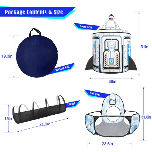 Kids Ball Pit for Play Tent: 3PC Rocket Ship Baby Gifts, Spaceship Tents and Crawl Tunnel for Toddlers, Astronaut Pop Up Playhouse Toys for Indoor Outdoor Games (White)