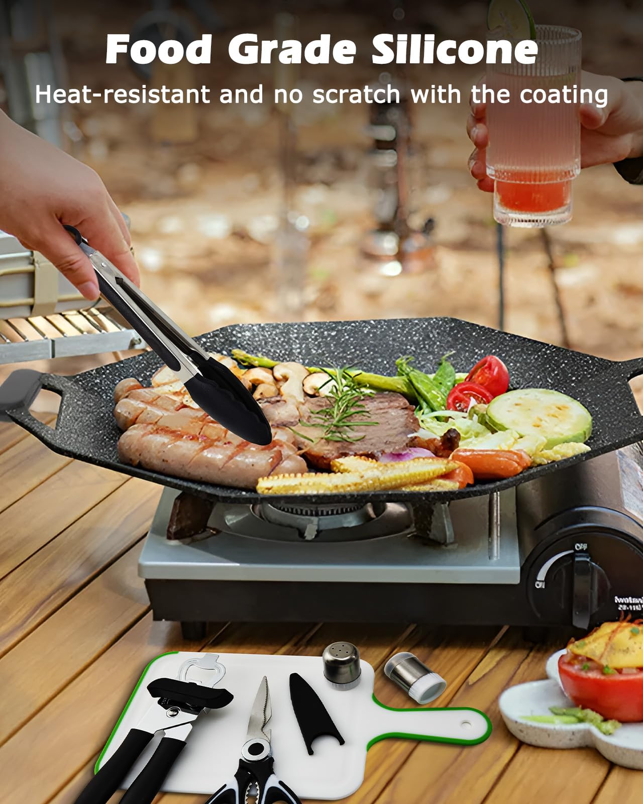 Hozzen Camping Cooking Utensil Set - Car Camping Essentials Cooking Gear for Outdoor Kitchen Grilling, Stainless Steel & Silicone Ideal Gift for RV Tent Camper, Picnics, BBQs