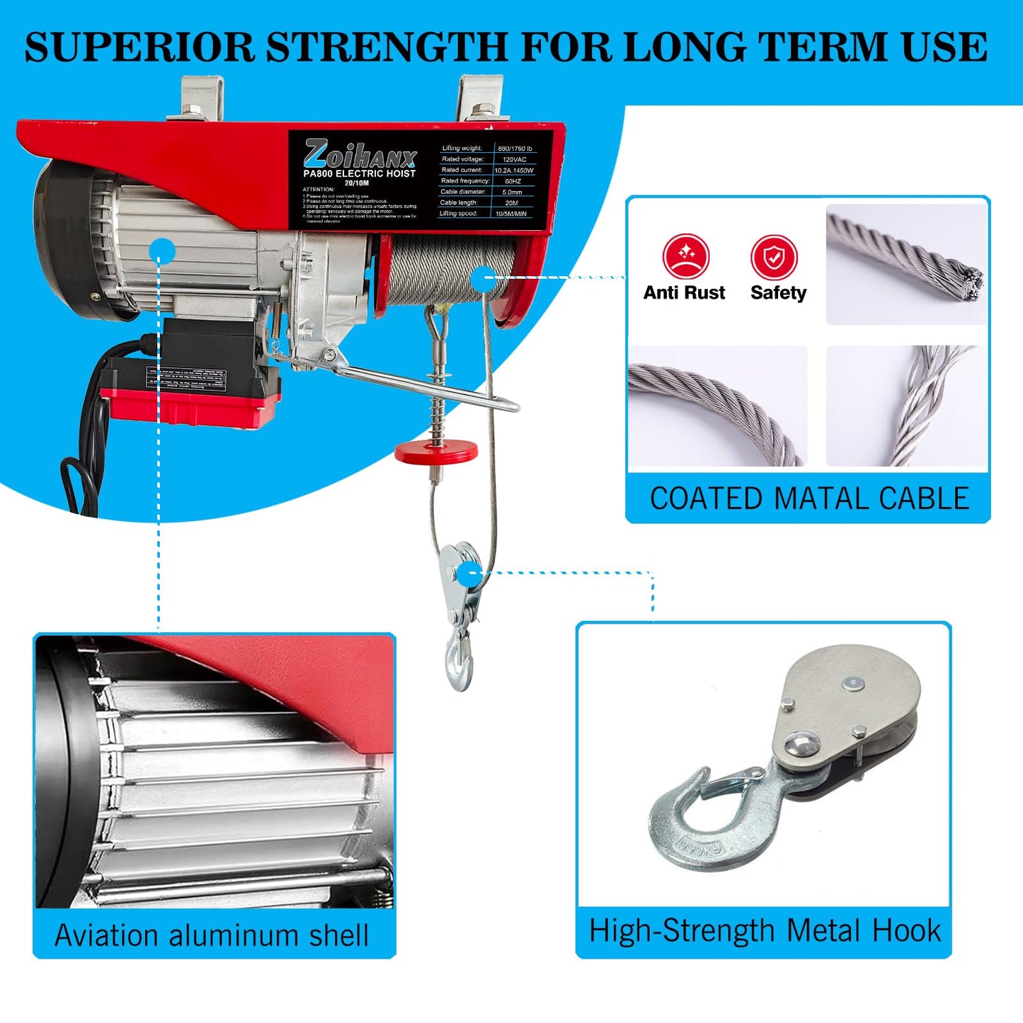 1760 lbs Electric Hoist with Remote Control,Wireless/Wired Electric Hoist 2 in 1,110V Single/Double Slings Steel Lift Hoist Winch for Garage Warehouse Factory
