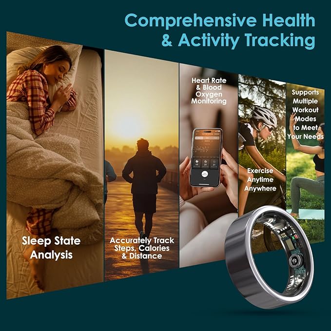Smart Ring Health Monitoring 5ATM Waterproof Fitness Tracker with Glossy Titanium Surface Blood Oxygen/Sleep/Stress Tracking Women?™s Cycle Prediction Sport Ring Compatible with iOS/Android Black 8