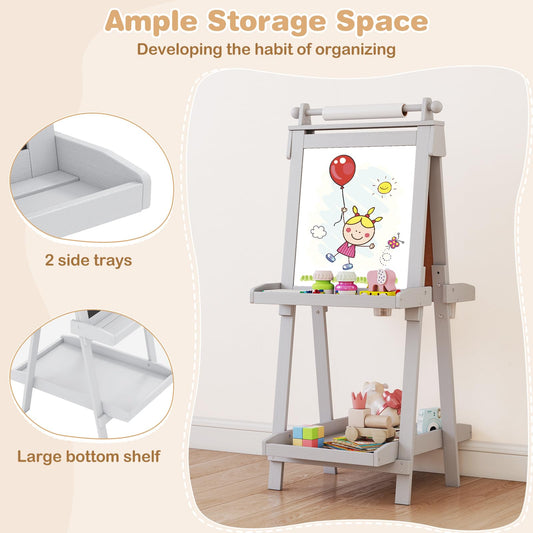 OLAKIDS Easel for Kids, 3 in 1 Adjustable Painting Art Board, Foldable Double-Sided Wooden Drawing Chalkboard Magnetic Whiteboard with Paper Roll, Storage Rack, Cups for Boy Girls (Gray)