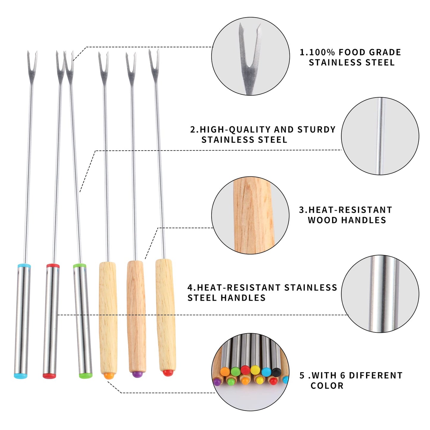 24 Pack 9.6 Inch Stainless Steel Fondue Forks, 12 Wood Handles and 12 Stainless Steel Handles, Heat Resistant Smores Sticks for Roast Meat Chocolate Dessert Cheese Marshmallows (6 Colors)