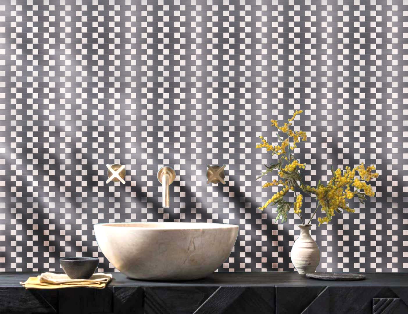 XUANINY Peel and Stick Metal Backsplash Tiles, Self Adhesive Aluminum Mosaic 3D Wall Sticker for Kitchen (Square +Rectangle Stainless Steel, 5 Sheets)
