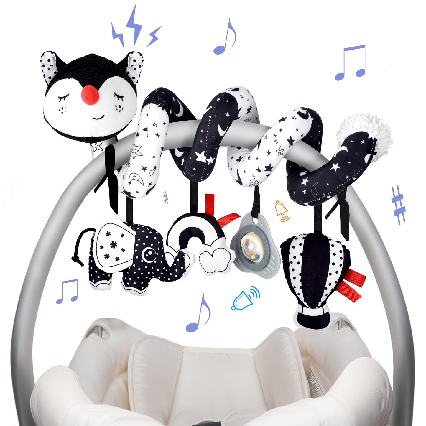 XIXILAND Musical Car Seat Toy Black and White Baby Toys, Infant Toys 0-6 Months Stroller Toy, High Contrast Newborn Developmental Gift for 0 3 6 9 12 Months Girls Boys Babies