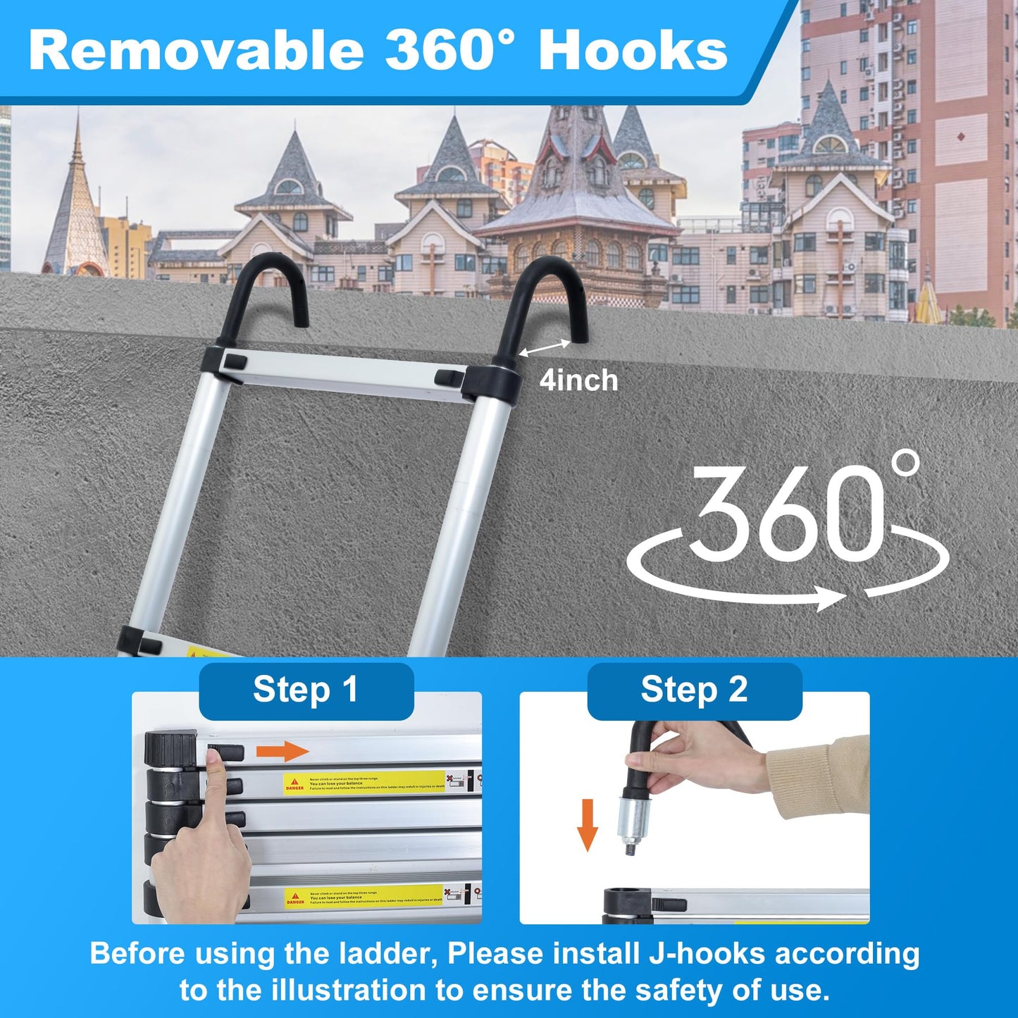 Wolec 14.5 ft Aluminum Telescoping Ladder, 330 lb Load, Hooks, Portable Collapsible Ladder for Home & Work,Silver