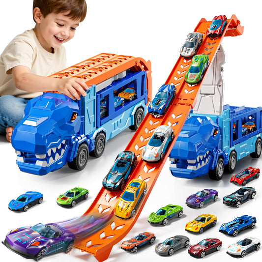 GYYCKTD Race Track Truck Toys for 3 4 5 6 7 8 Years Old Boys, Carrier Vehicle Playset with 12 Die-Cast Racing Car Toys, 2-Tier Storage, Car Ramps, Birthday Gifts for Toddlers Kids Girls Age 3-5 4-8