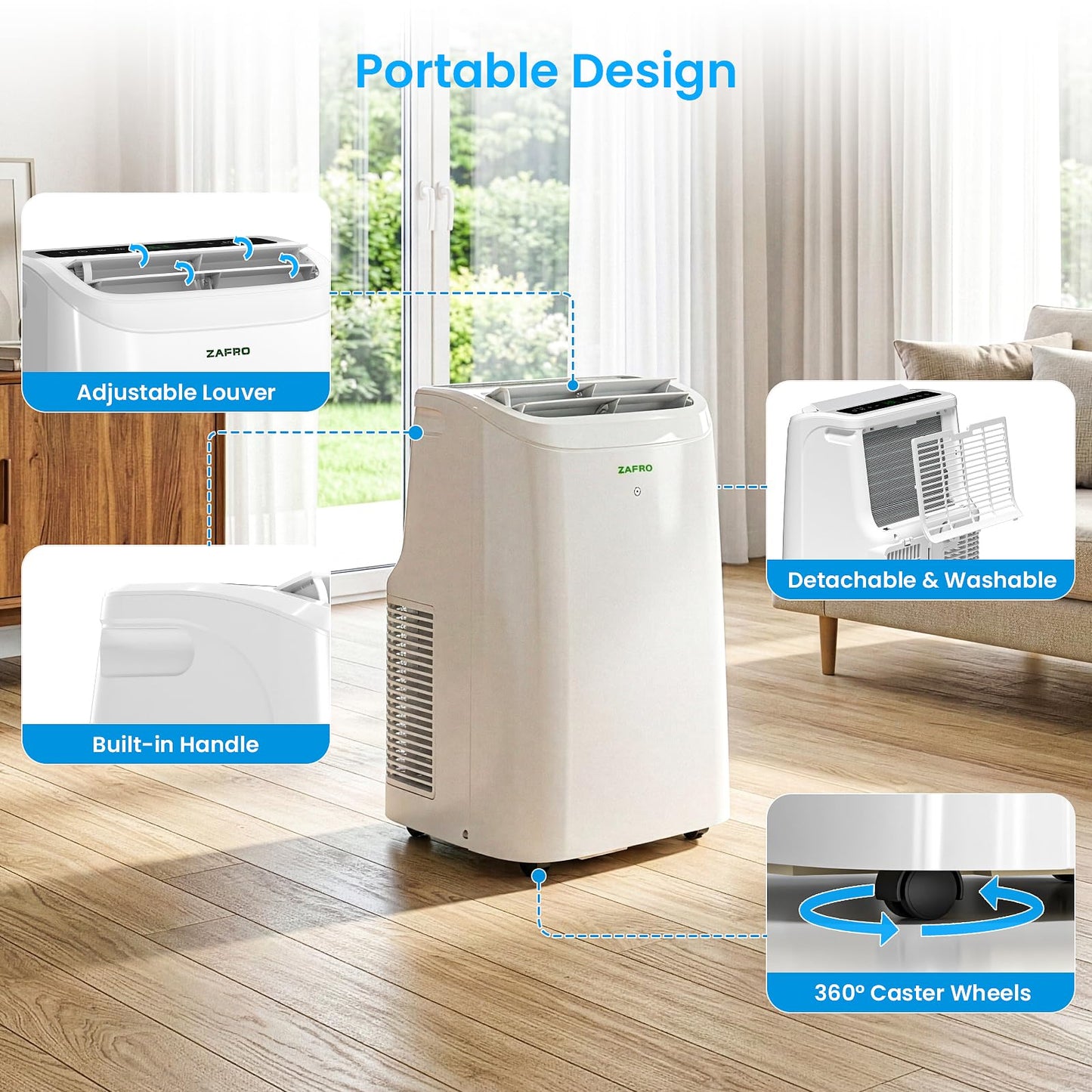 ZAFRO Portable Air Conditioners, 10000 BTU (6000 BTU SACC), Portable AC with Drainage-free Cooling, Fan & Dehumidifier, Smart AC Unit with APP/Remote, 47dB Quiet, 24H Timer for Living Room, Bedroom