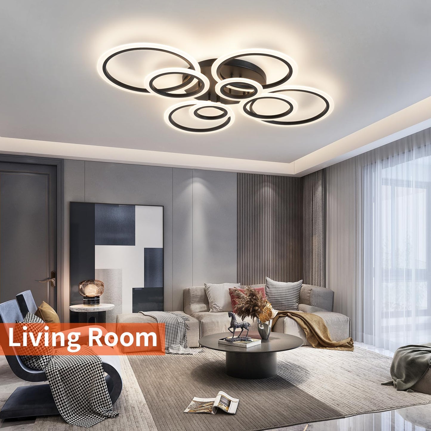 Shine LUEST Modern Ceiling Light, 41.3'' Dimmable LED Black Flush Mount Ceiling Lights with Remote Acrylic Round Ceiling Lamp Fixture for Low Ceiling Bedroom Living Room Dining Room, 108W