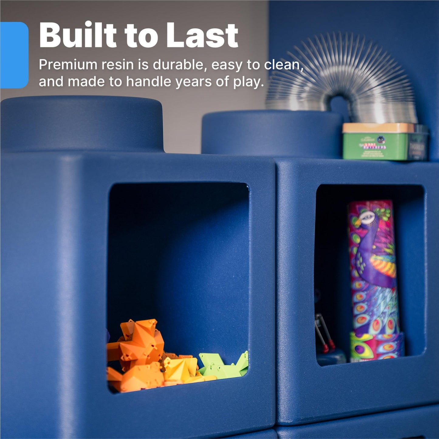 Step2 Contemporary Builders Stackable Storage Cubes, Modular Building Block Kids Toy Organizer Set, 5-Piece, Open-Front, Blue
