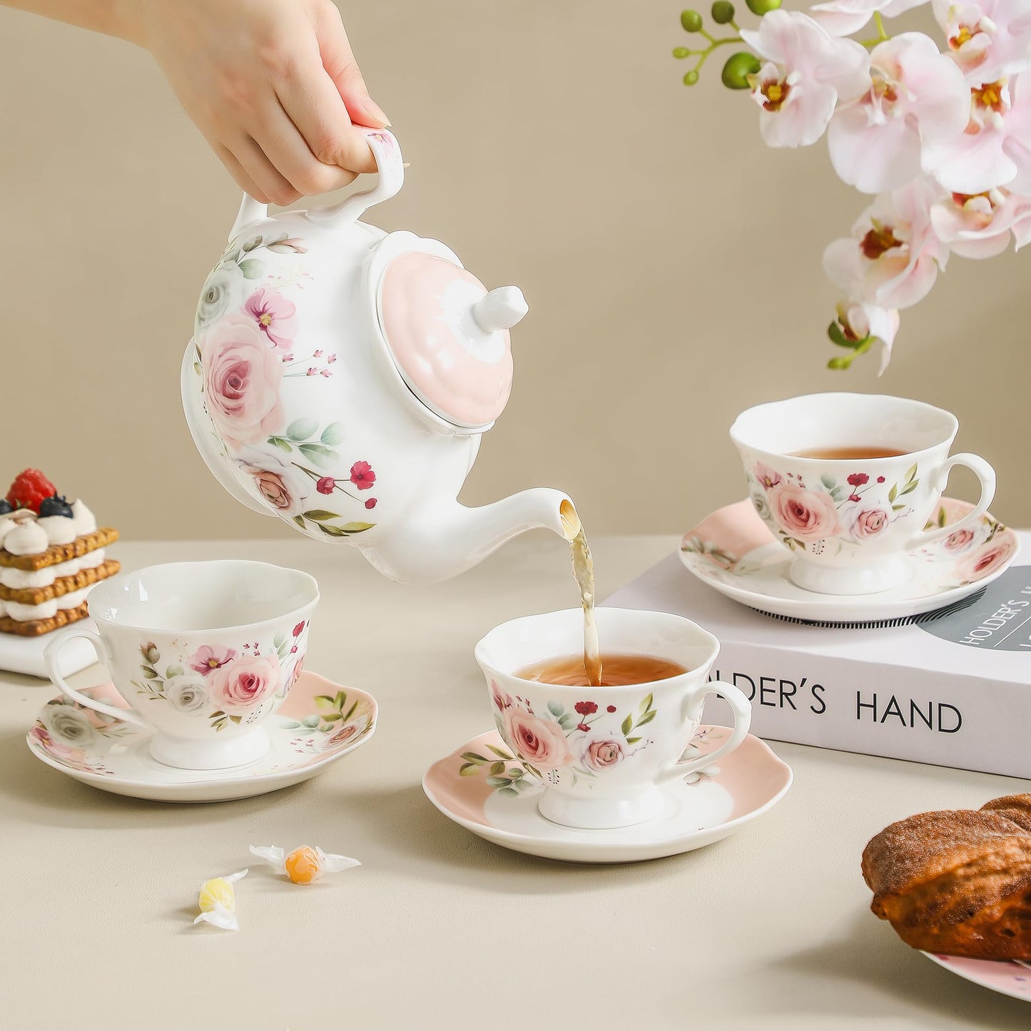 PRECITIME Floral Porcelain Tea Cup Set of 6 (12-Piece), 6 Cups & 6 Saucers with Rose Pattern, 6oz Scalloped Edge Coffee Cups, Dishwasher & Microwave Safe, Elegant Gift