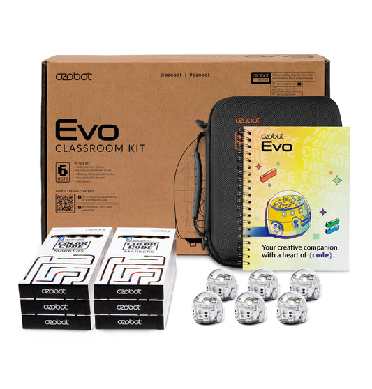 Ozobot Evo Classroom Kit (6 Bots): Professional STEM Education Set for Grades K-12, Includes 18 Robots, Charging Cradle, Color Code Markers, and Access to 700+ Lesson Plans for Teachers and Schools