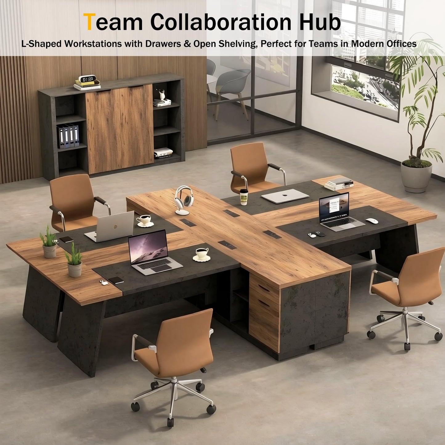 ONNAHOMEStlyle 78.74 Inch L Shaped Office Desk with Drawers & Built-in Power Access, Large Executive Workstation with Storage Cabinet, Modern Wooden Desk for Business or Home Office (claybank, Right)