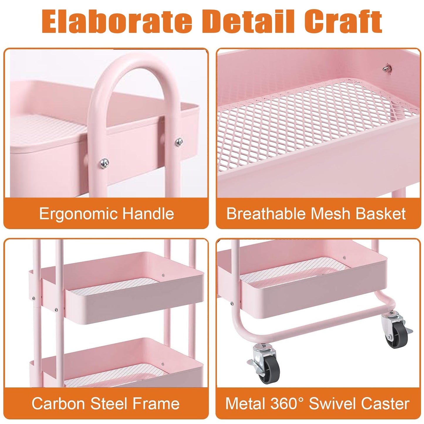 Elitehouse 4 Tier Metal Rolling Cart Pink Utility Cart with Wheels,Rolling Pink Cart for Office,Home,Kitchen,Garden（13.4"x18.1"x40"）