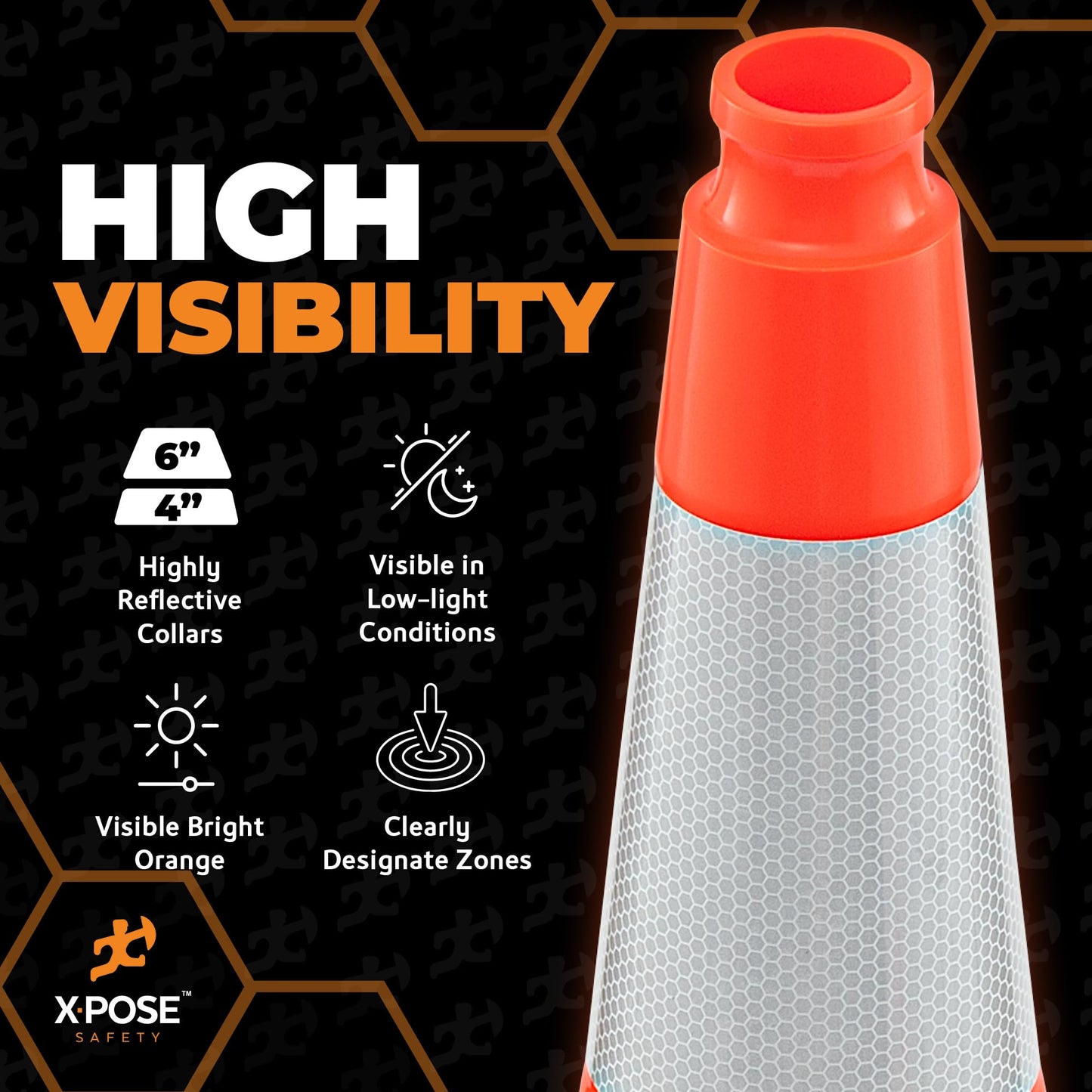 Xpose Safety 28 Inch Orange Slim Line Traffic Cones Heavy Duty 10lb with 6" & 4" Collars, 4 Pack Multipurpose PVC Plastic Safety Cone for Parking, Soccer, Caution, Kids & Construction - DOT Approved