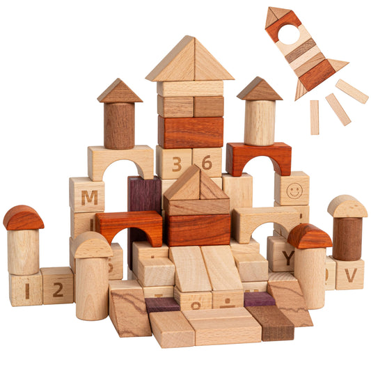 MOMOARI Alphabet Number Early Math Wooden Building Blocks Set - 86 Blocks in 6 Shapes with Wooden Storage Tray. Preschool Montessori Kids Toys. Stacking Learning Toys for Toddlers. Age 3 Years +