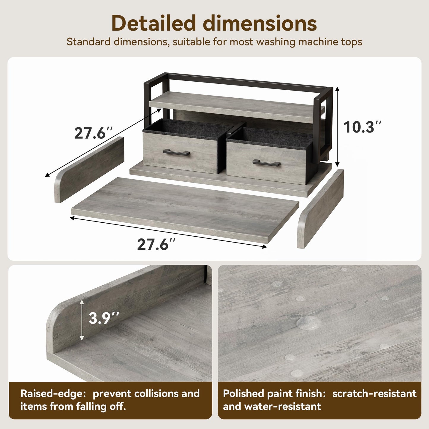 IDEALHOUSE 2-Tier Washer and Dryer Countertop with Shelf or Drawers, Laundry Countertop Cover with Non-Slip Pad, 54"X27.5" Laundry Topper for Folding Clothes Over Washer and Dryer-Grey