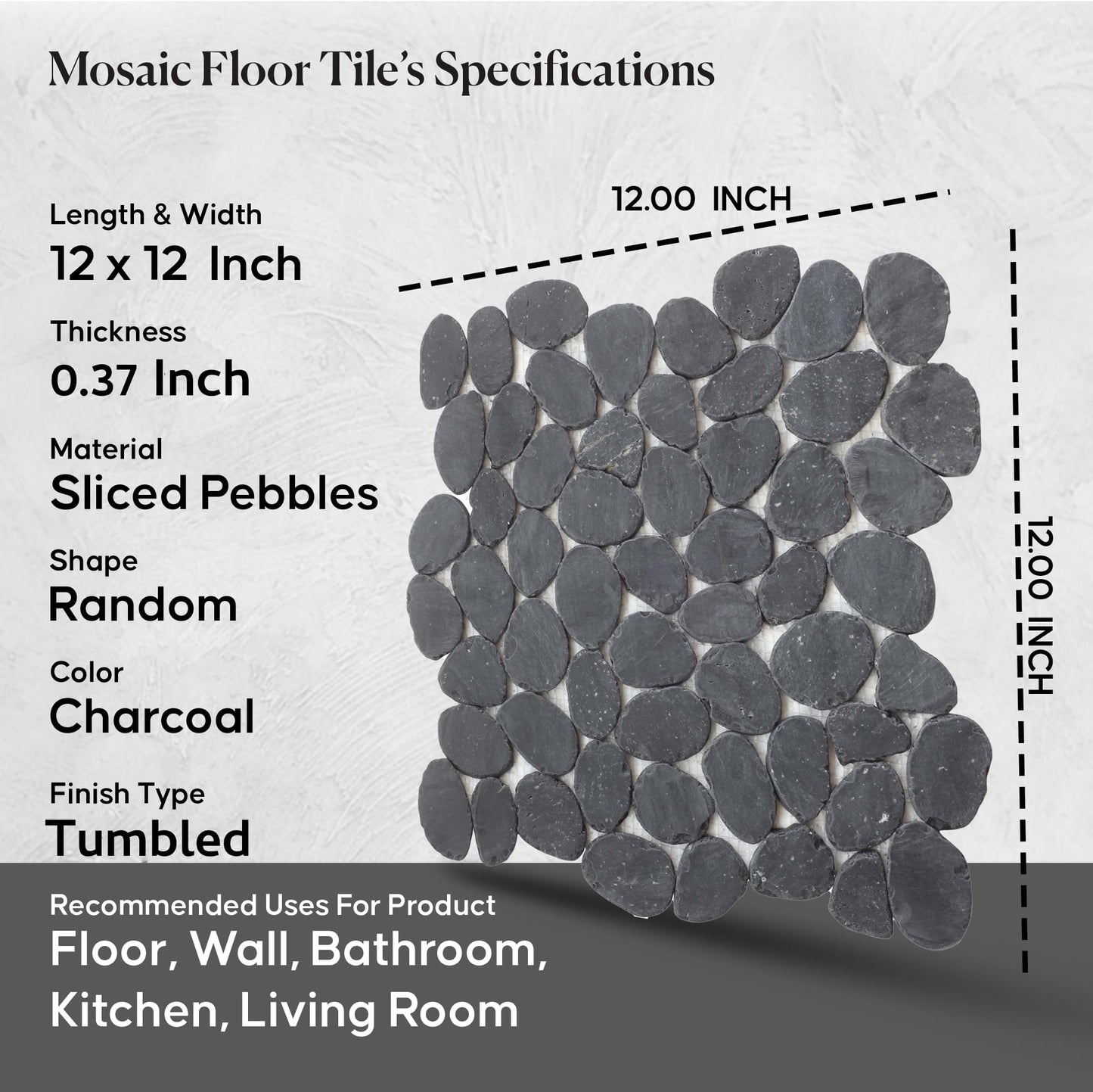 PEBBLETILE.CO Charcoal Sliced Pebble Mosaic, Tumbled Stone Backsplash Tiles for Kitchen Walls, Shower and Bathroom Floors, and Outdoor Areas (12" X 12")