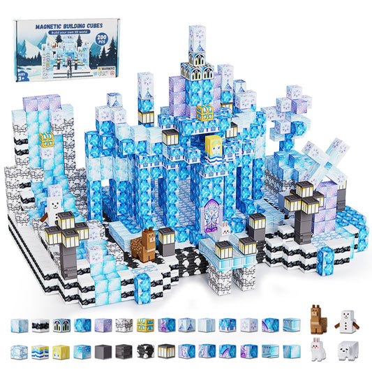 Fitrobust 200 Pack Magnetic Blocks for Kids, STEM Construction Toys with Forest Theme | Creative Educational Games for Ages 3, 4, 5, 6, 7, 8, 9, 10 | Ideal Birthday for Boys & Girls (ICE, Count, 200)