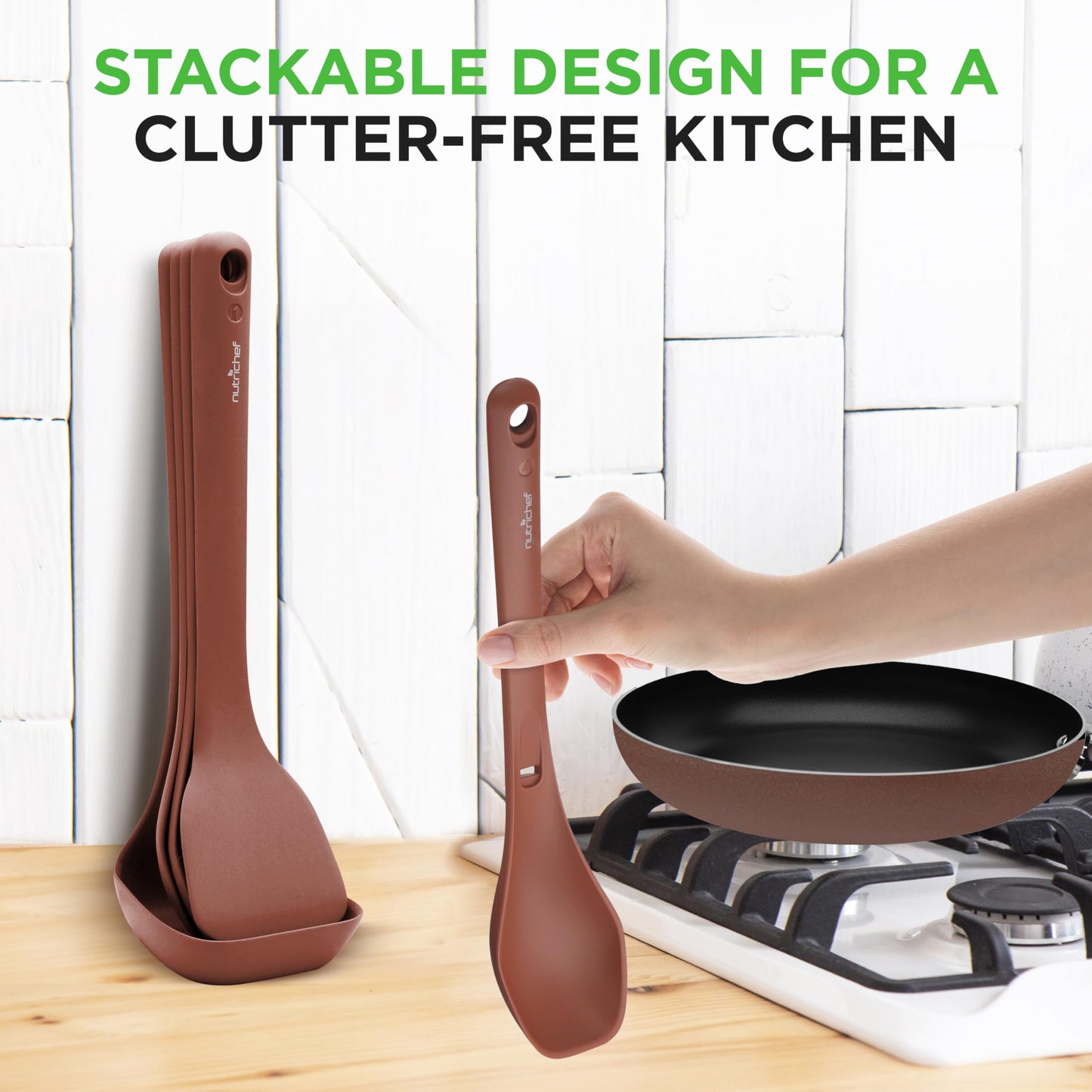 NutriChef Silicone Kitchen Utensils Set - 8-pc Utensil Set with Spatula, Pasta Fork, Solid Spoon, Slotted Spoon & Tool Stand, Heat-Resistant, Food-Grade Safe, Easy-to-Clean, Stackable Design (Brown)