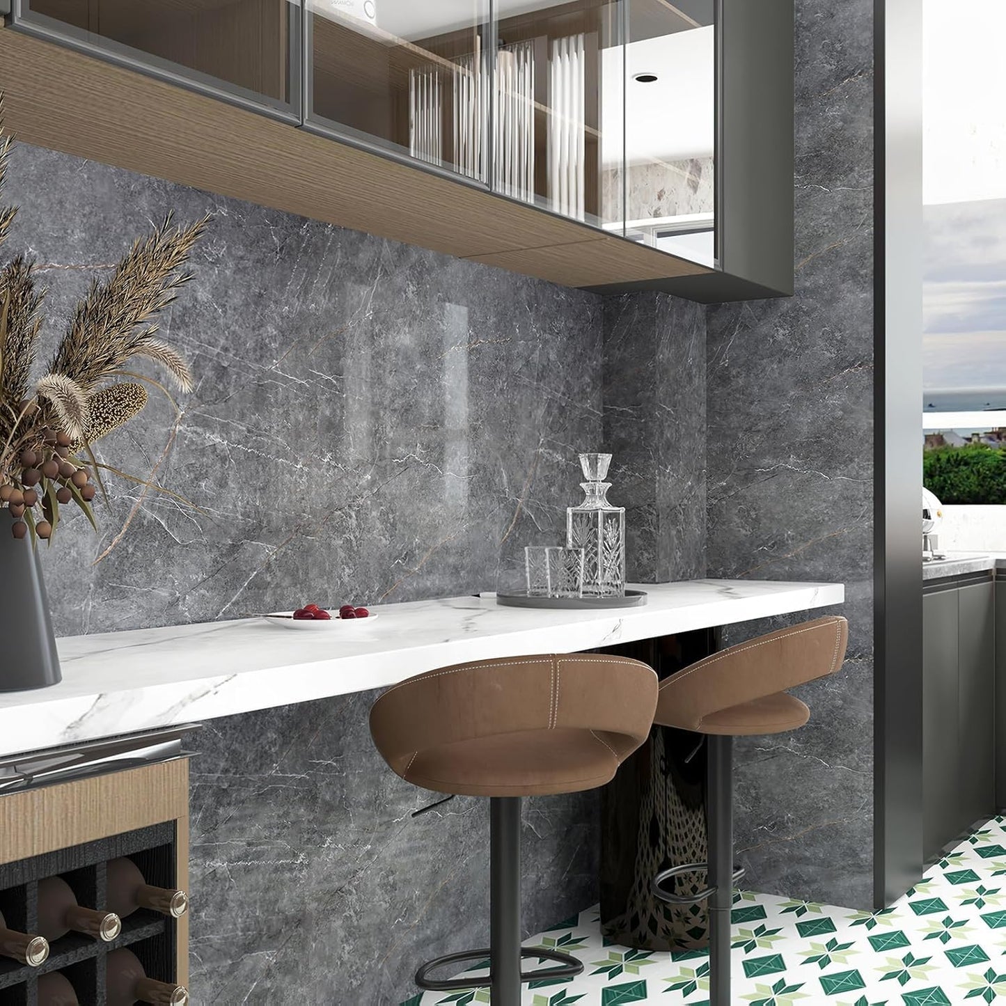 BOMENG 48"x354" Extra Wide Countertop Contact Paper Gray Marble Wallpaper Peel Stick Countertops for Kitchen Glossy Waterproof Self-Adhesive Marble Vinyl Wrap for Bathroom